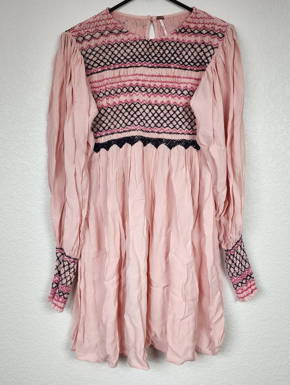 Free People Pink Embroidered Smocked Tunic Dress